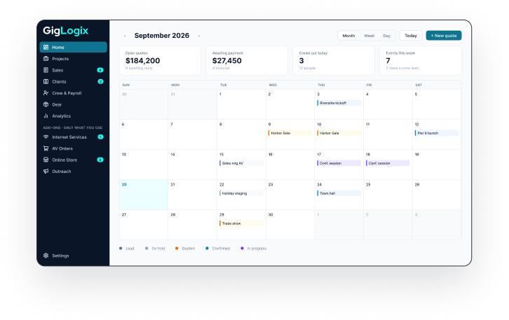 The GigLogix home screen: a September calendar of booked events with open quotes, invoices awaiting payment, and crews out today shown above it. Sample data.